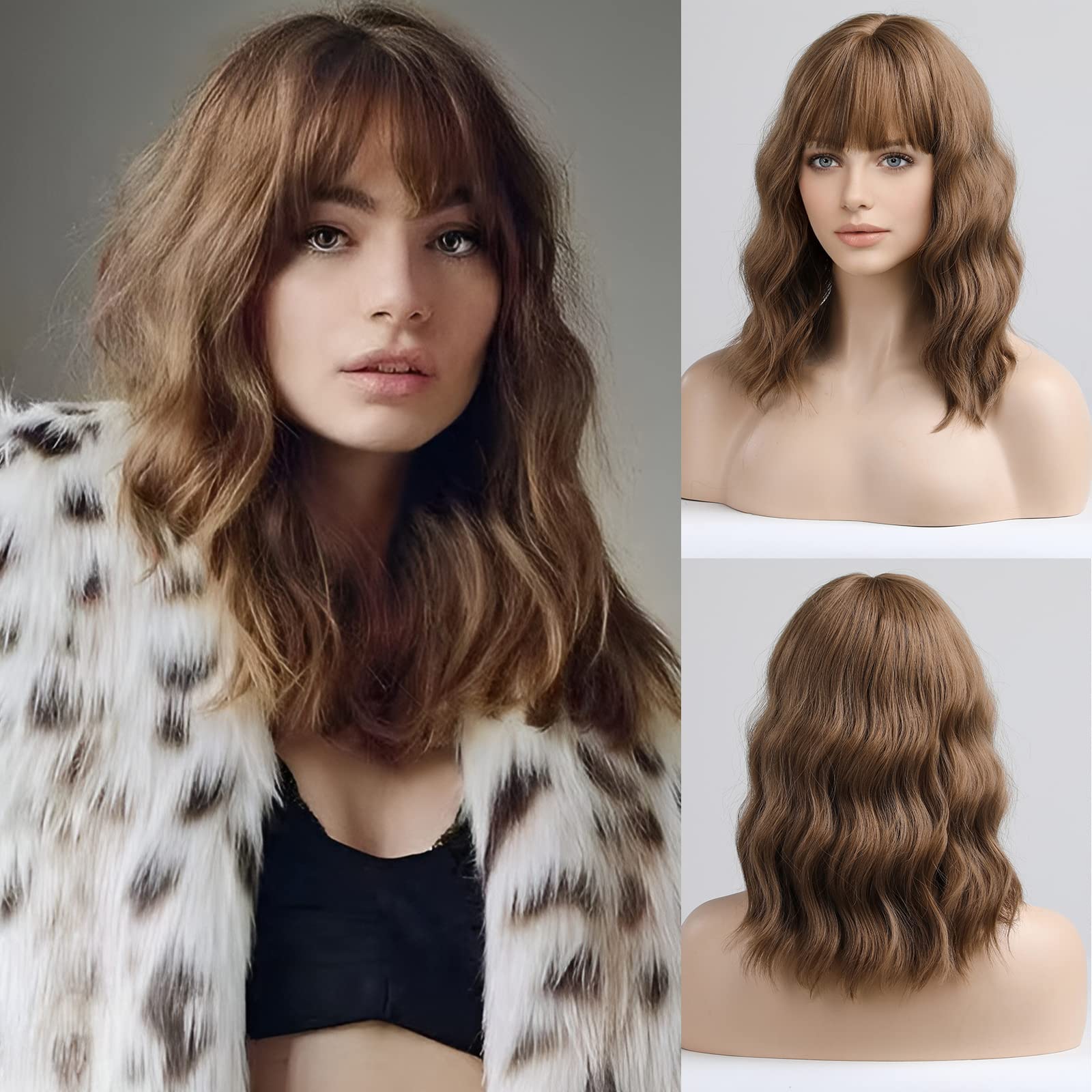 HAIRCUBE Curly Wigs for Women, Synthetic Hair Wig with Fringe for Daily Use or Cosplay (Brown)