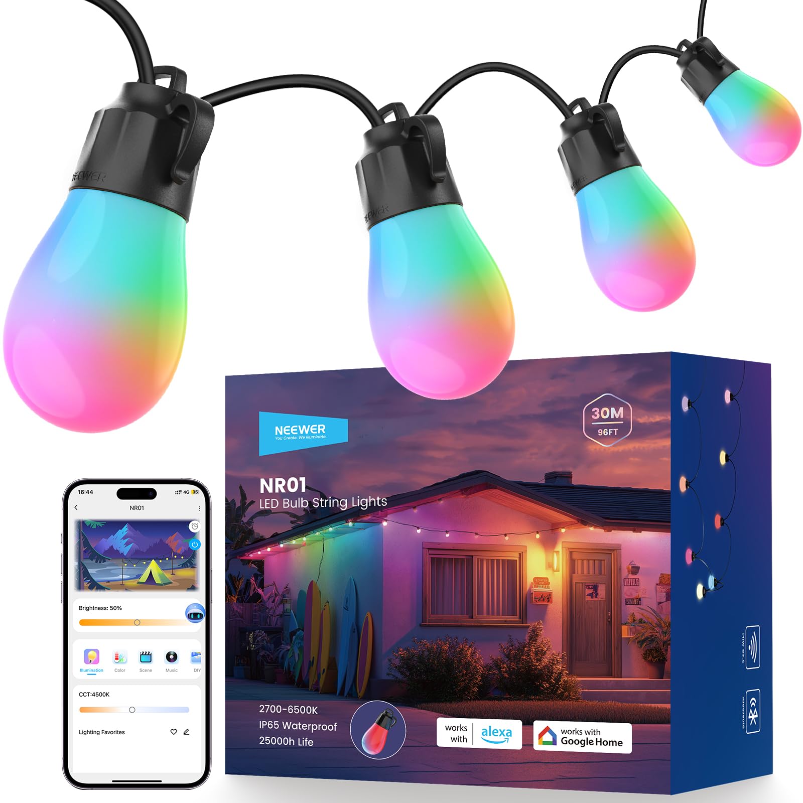 NEEWER 96ft Außen Lichterkette, App Steuerung Smart AI RGBW, dimmbar zum Aufhängen im Außenbereich Balkon, IP65 Wasserdicht, 30 LED Lampen/50+ Szenen/2700–6500K, kompatibel mit Alexa Google, NR01