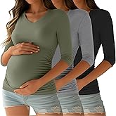 Ficerd 3 Pack Women's Maternity Shirts, 3/4 Sleeve V Neck Pregnancy Tops Side Ruched Casual Maternity Tee Pregnant Clothes