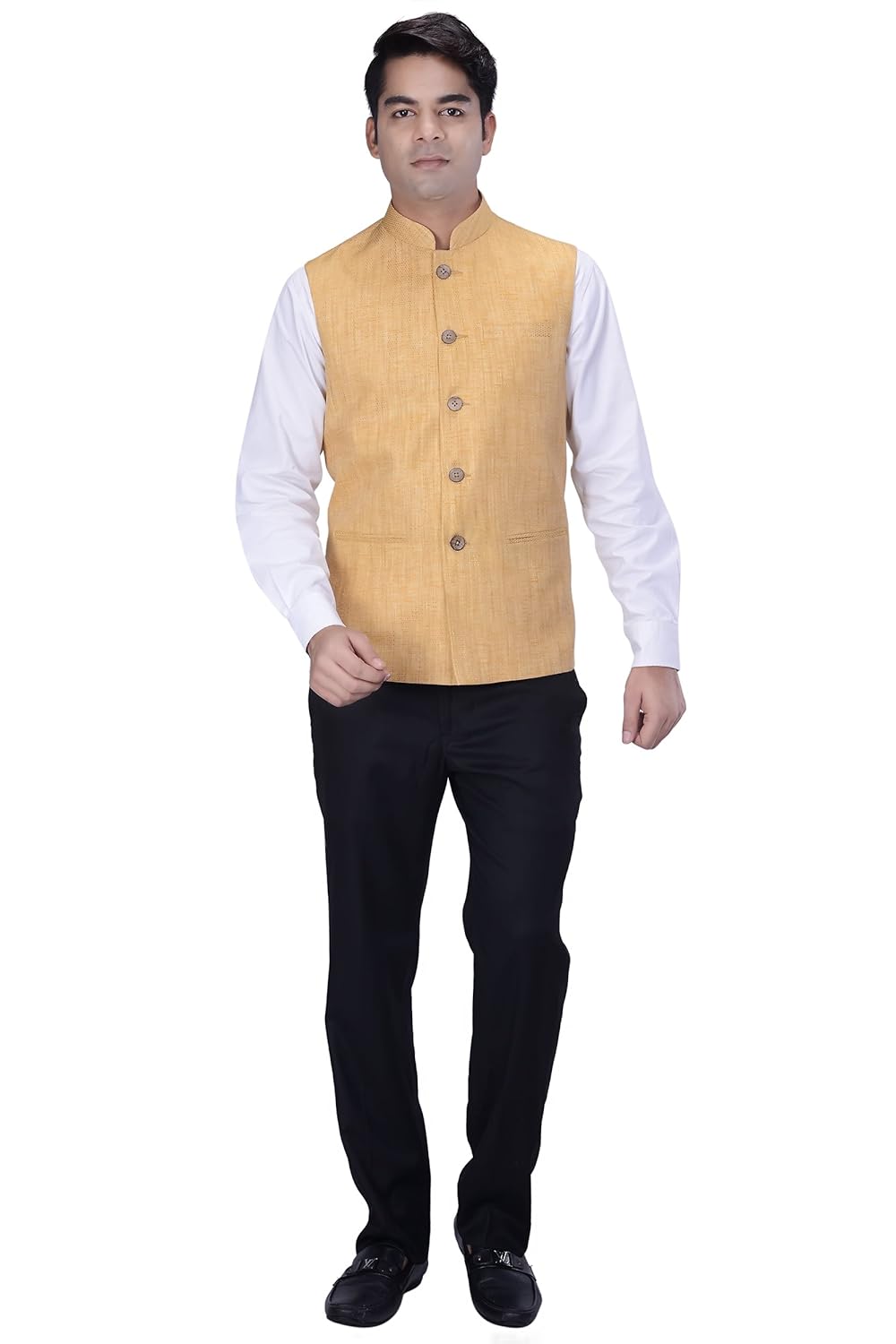 kisah men's woven cotton silk yellow nehru jacket