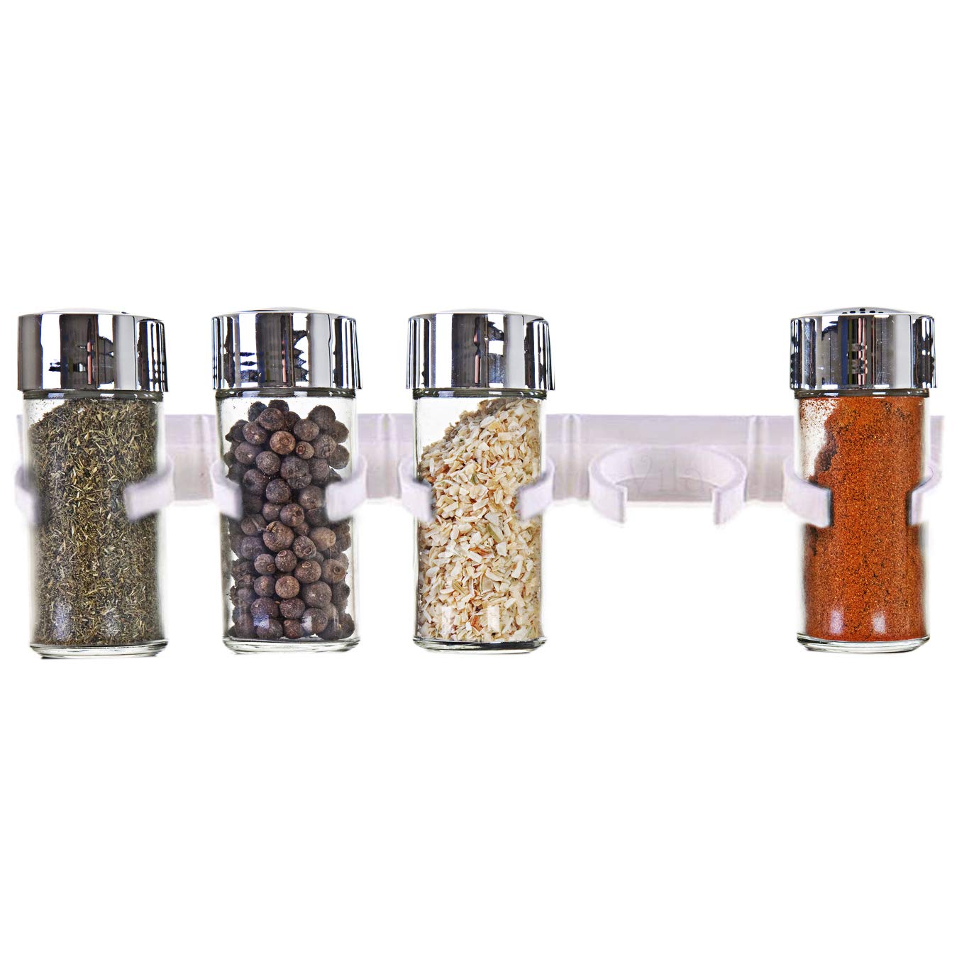 Space-saving Wall Mount Spice Organizer - 4 Clip Strips for Plastic Jars by Vila - Arranges multi-brands Spice Jars of different sizes - Mounts Securely with Top-Quality Adhesive Tape - Convenient