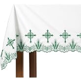 Christian Brands Green Eucharistic Altar Frontal 96 x 52 Inches White Linen Look with Cross Design for Church or Chapel Use 65 Percent Polyester 35 Percent Cotton