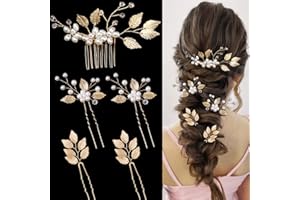 5 Pieces Gold Leaf Crystal Pearl Hair Accessories: Vintage Bridal Forks, Wedding Headpieces for Brides, Bridesmaids, and Wome