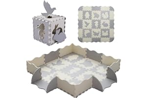 Tamiplay Foam Play Mat for Kids，25Pcs Square Interlocking Puzzle Floor Mat，Baby Play Mat Floor Mat Foam Puzzle Playmat for Toddlers with Fence（Animal-CSH039