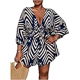 SOLY HUX Women's Plus Size Romper Striped V Neck Tie Front 3/4 Sleeve Loose Short Jumpsuit