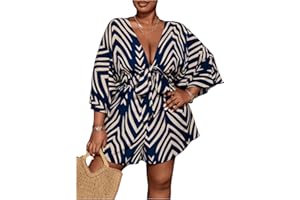 SOLY HUX Women's Plus Size Romper Striped V Neck Tie Front 3/4 Sleeve Loose Short Jumpsuit