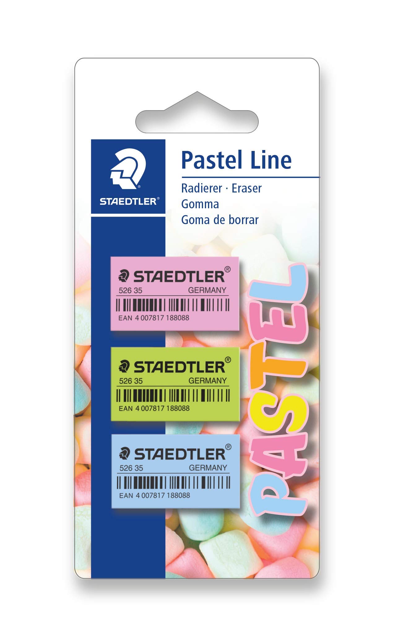Staedtler Pastel Line 52635PBK3 Eraser Pastel Colours Blister Card with 3 Erasers