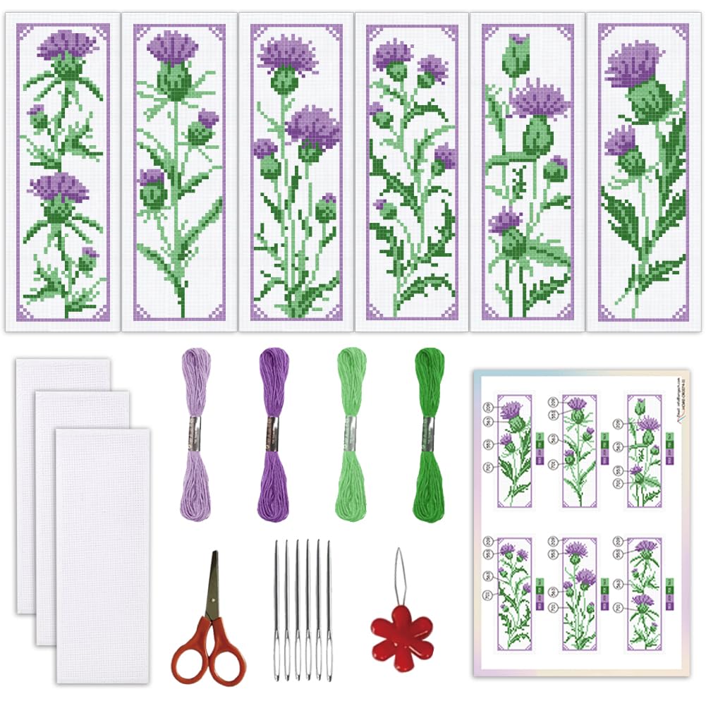 Photo 1 of ***FACTORY SEALED***ORIGACH 6 Set Cirsium Cross Stitch Bookmark Kit for Beginners Include Cotton Thread, Aida Cloth, Backing Felt and English Instructions, Embroidery Bookmark Kit for Book Lovers