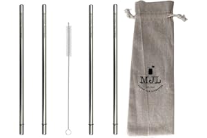 MASON JAR LIFESTYLE Extra Long Safer Rounded End Stainless Steel Metal Straws for Half Gallon (64oz) Mason Jars (4 Pack + Cleaning Brush + Bag)