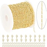 KYUNHOO 32.8FT/10M Brass Curb Link Chain Bulk Light Gold Necklace Chain for Jewelry Making Bracelet Making Supplies with Jewelry Clasps for Women DIY