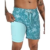 BOJIN Mens Swim Trunks with Compression Liner 5.5 Inch Inseam Bathing Suits Beach Board Shorts with Zipper Pockets
