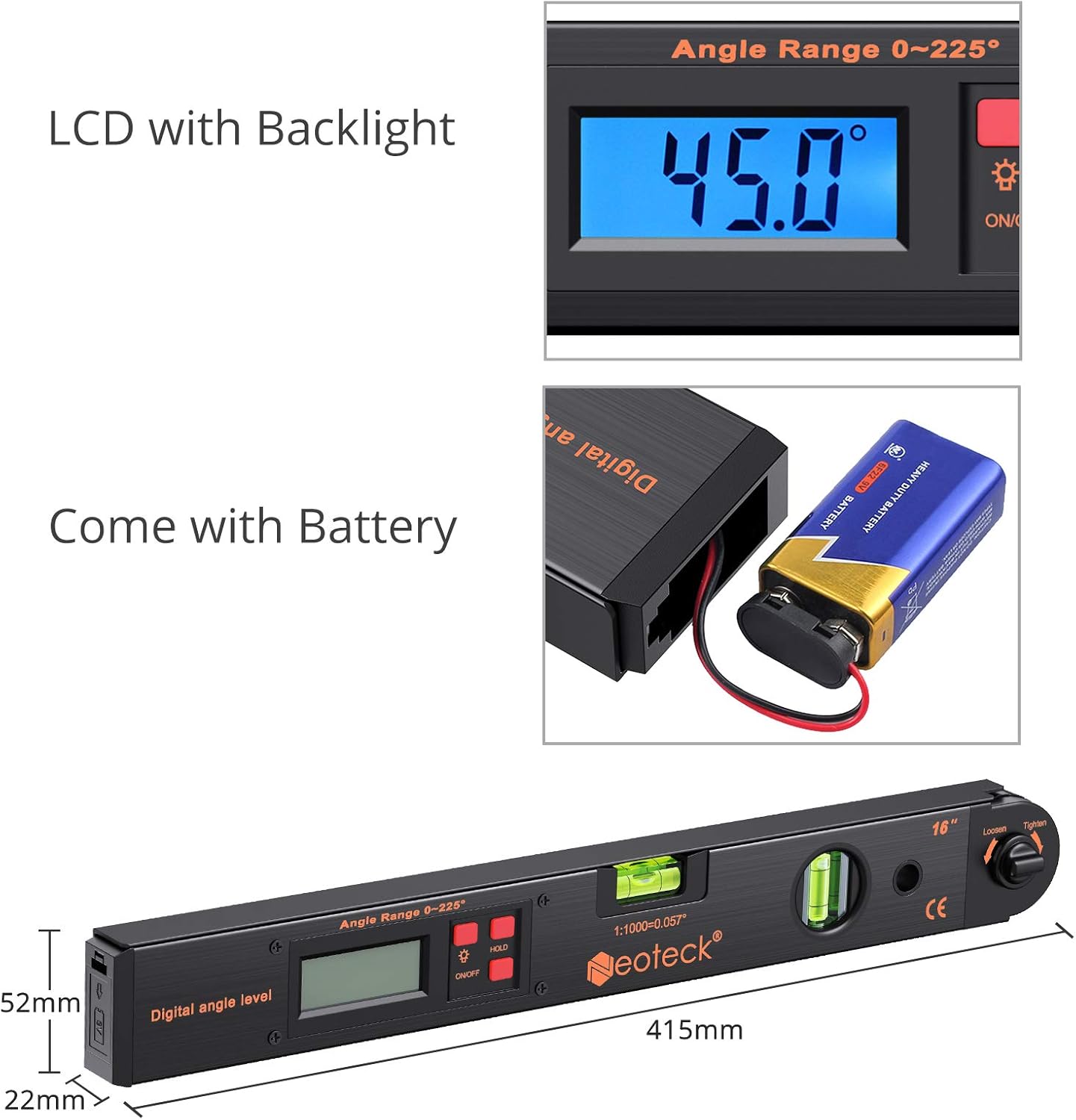Neoteck Digital Angle Finder 0225° Digital Protractor 400mm/16 inch
