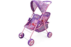 Peppa Pig: Doll Twin Stroller - Purple, Pink, Flowers - Seats 2 Dolls Up to 18", Foldable Design, Retractable Canopy, Adjusta