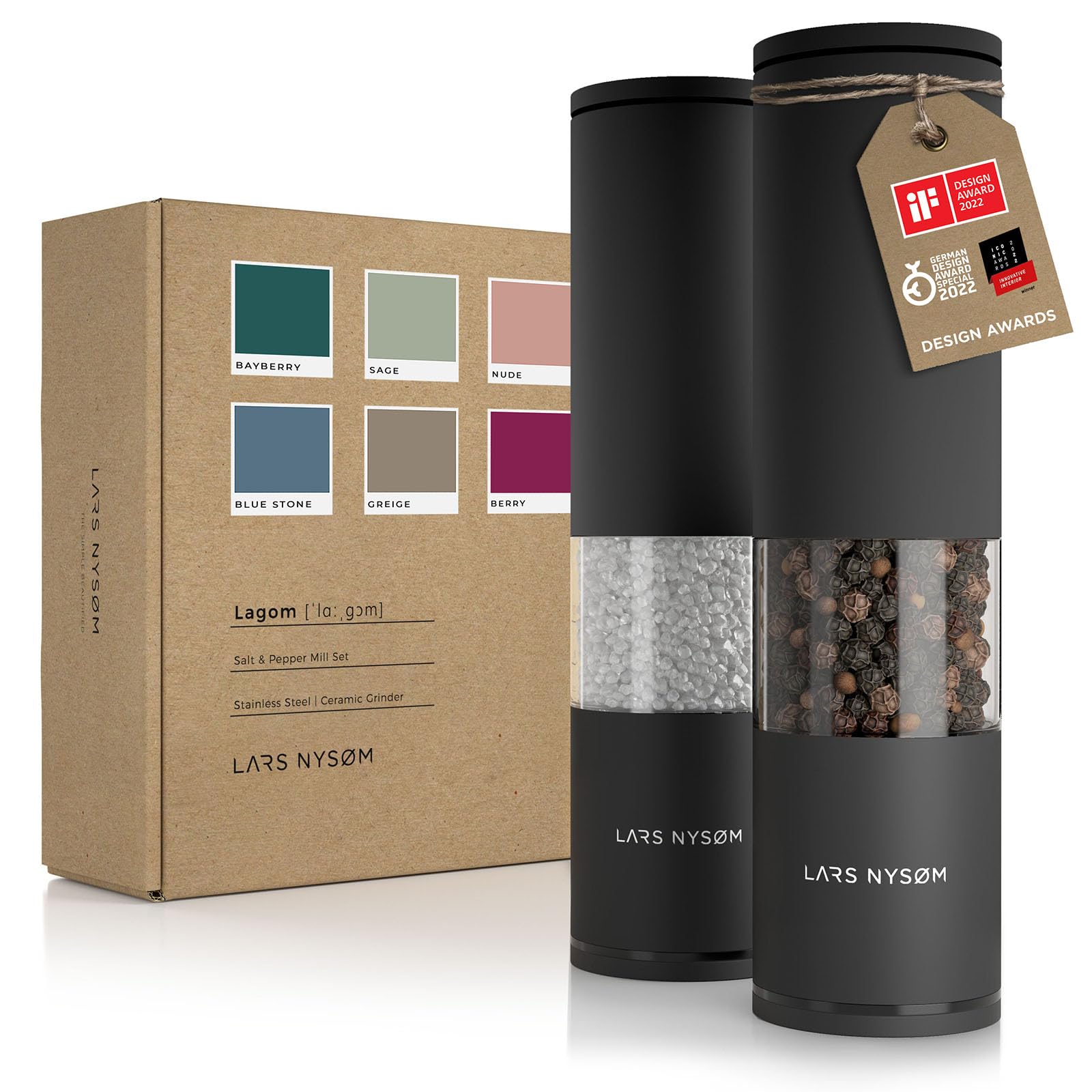 Photo 1 of LARS NYSØM Salt and Pepper Grinder Set 2 pieces I Salt Pepper Mill with Adjustable Ceramic Grinder I Design Spice Grinder Set Manual (Carbon Black)