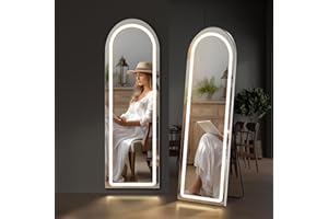 ZIBBIZO Arched Mirror Full Length with LED Lights, 16"x60" Body Wall Mirrors, Floor Standing Hanging Leaning, Tall Arch Mirror with Stand Aluminum Alloy Frame, Dimmable 3-Color Lighting for Bedroom Cloakroom