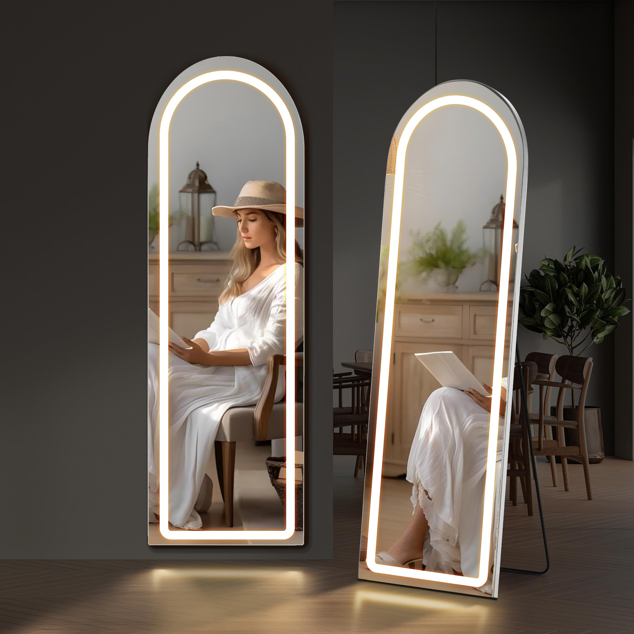 Photo 1 of Arched Mirror Full Length with LED Lights, 16"x60" Body Wall Mirrors, Floor Standing Hanging Leaning, Tall Arch Mirror with Stand Aluminum Alloy Frame, Dimmable 3-Color Lighting for Bedroom Cloakroom