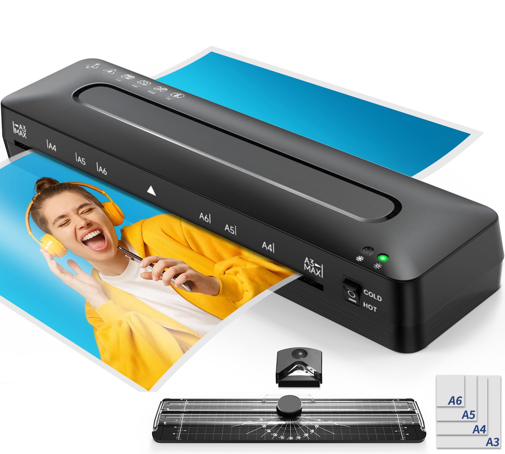 A3 Laminator Machine Laminating Machine - Cold and Thermal Laminator with Laminating Sheets for A3/A4/A5/A6, 5-in-1 Lamination Machine with Paper Trimmer and Corner Rounder for Home Office School