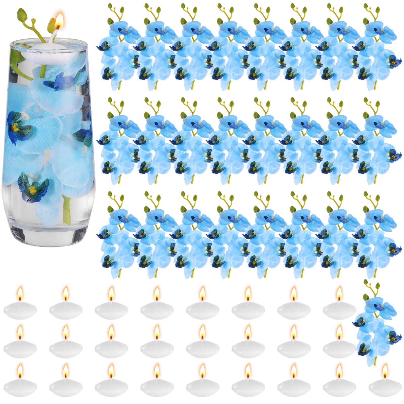 Photo 1 of 25 Sets Artificial Blue Orchids Floating Candles, Faux Flower Fillers for Vase, Elegant Silk Orchid with Water Candles for Wedding Table Centerpiece, Party Home Decoration