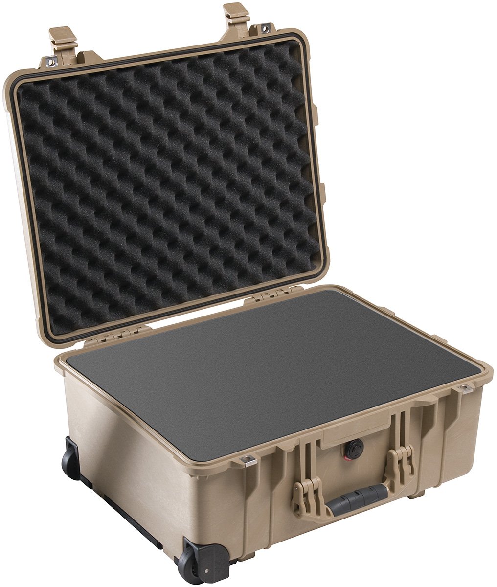 PELI 1560 Large Shockproof Case With Wheels and Telescopic Handle, IP67 Watertight and Dustproof, 71L Capacity, Made in Germany, With Customisable Foam Insert, Desert Tan — image 1