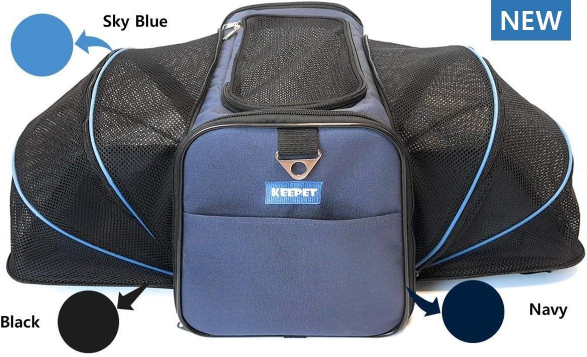 KEEPET Airline Approved Pet Carrier Small Medium Folderable Expandable Portable Comfortable Travel [17" L x 11" W x 11.4" H] Dual Space for Dogs and Cats [Navy/Sky Blue/Black]