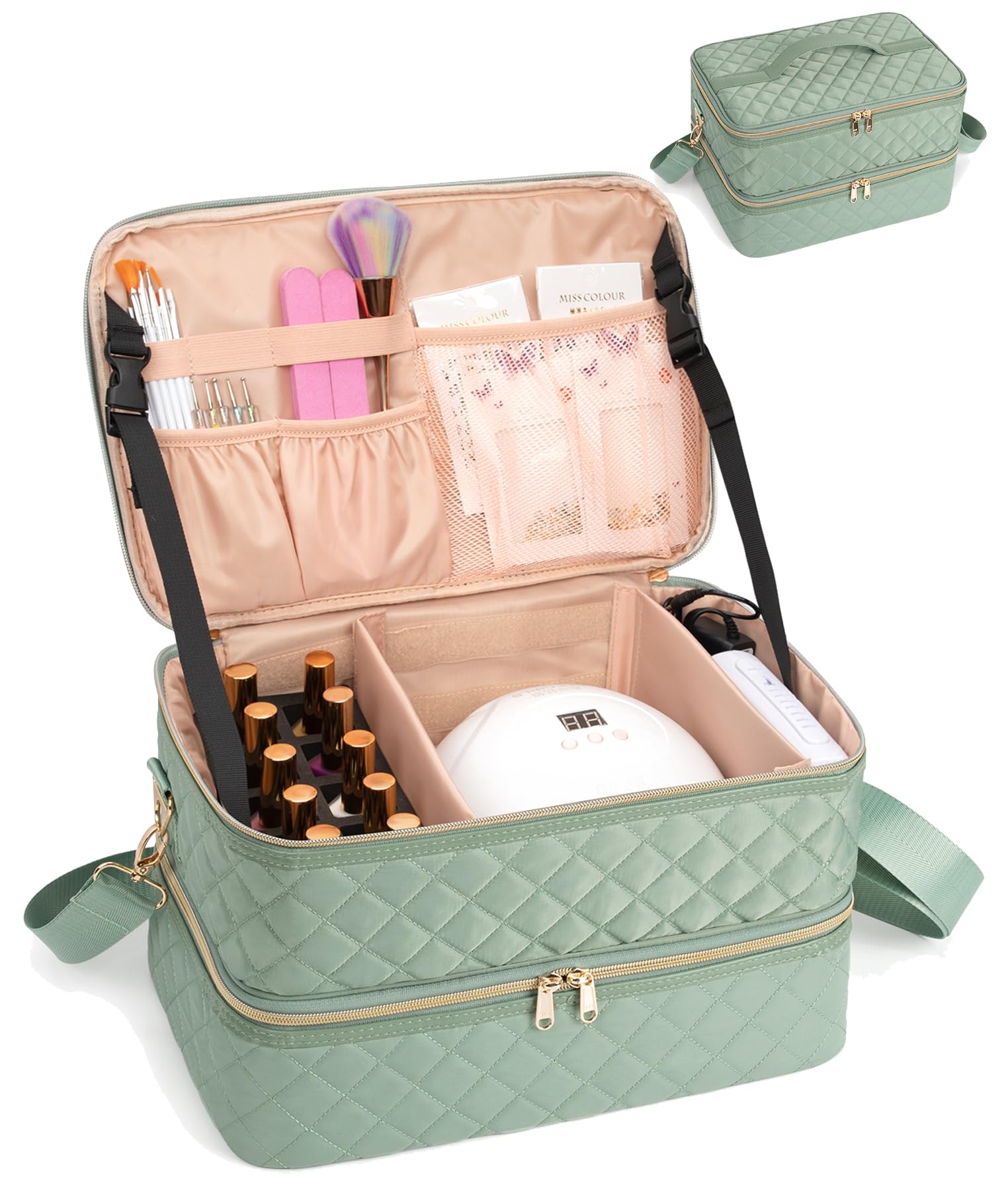 Photo 1 of Ethereal Nail Polish Organizer Case Holds 50+ Bottles(15ml/0.5fl.oz) and Nail Lamp, Double Layer Nail Polish Storage Bag for Nail Kit, Manicure Tools, Green