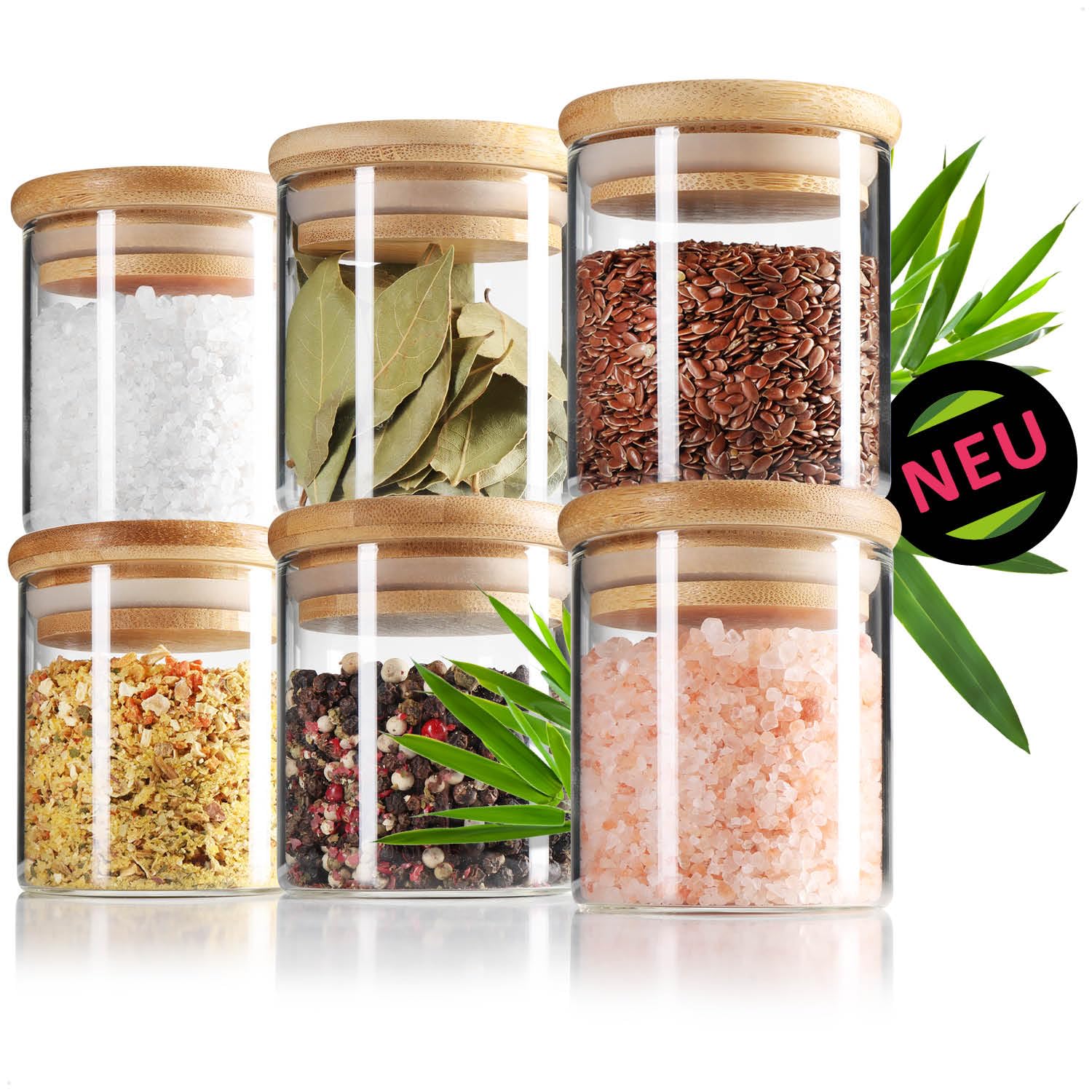 Robin Goods® 6X Storage Jars with Bamboo lids 200ml - Storage Jars for Spices Made of Reinforced Borosilicate Glass - airtight Storage Jars - Reusable Round Box (06 Pieces - 200ml)