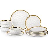 LOVECASA 12 Pieces Plates and Bowls Sets, Porcelain White and Gold Dinnerware Sets, Round Dinner Plates Dishes Set Service for 4, Dishwasher Safe and Scratch Resistant, White