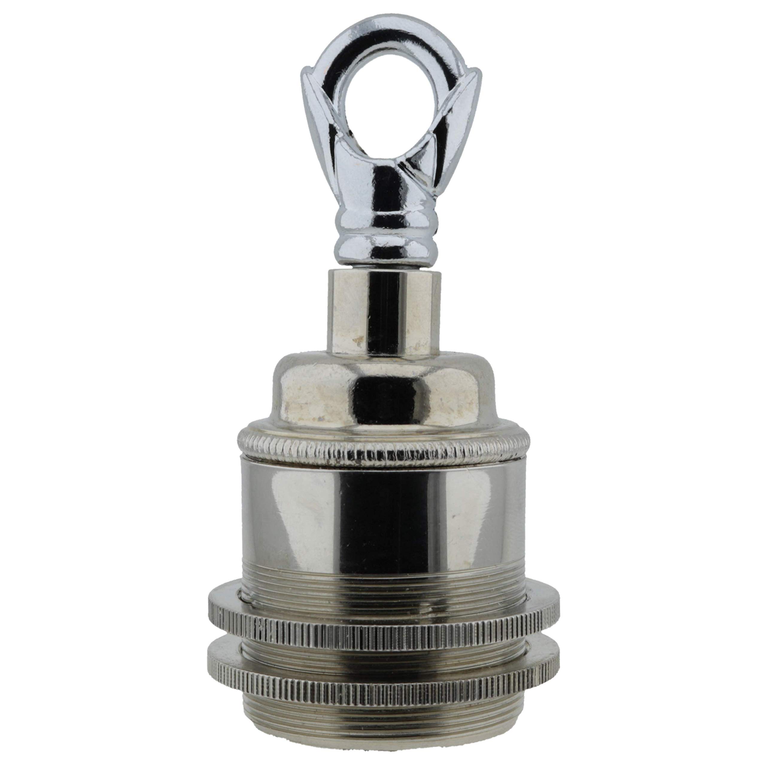 Edison Screw (E27) Solid Metal Earthed Lampholder in Nickel Finish with 2 Shade Rings and Metal Loop
