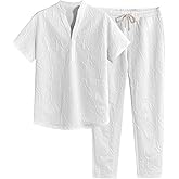 GORGLITTER Men's 2 Piece Outfits Textured Short Sleeve T Shirt and Pants Sets Old Money Clothes