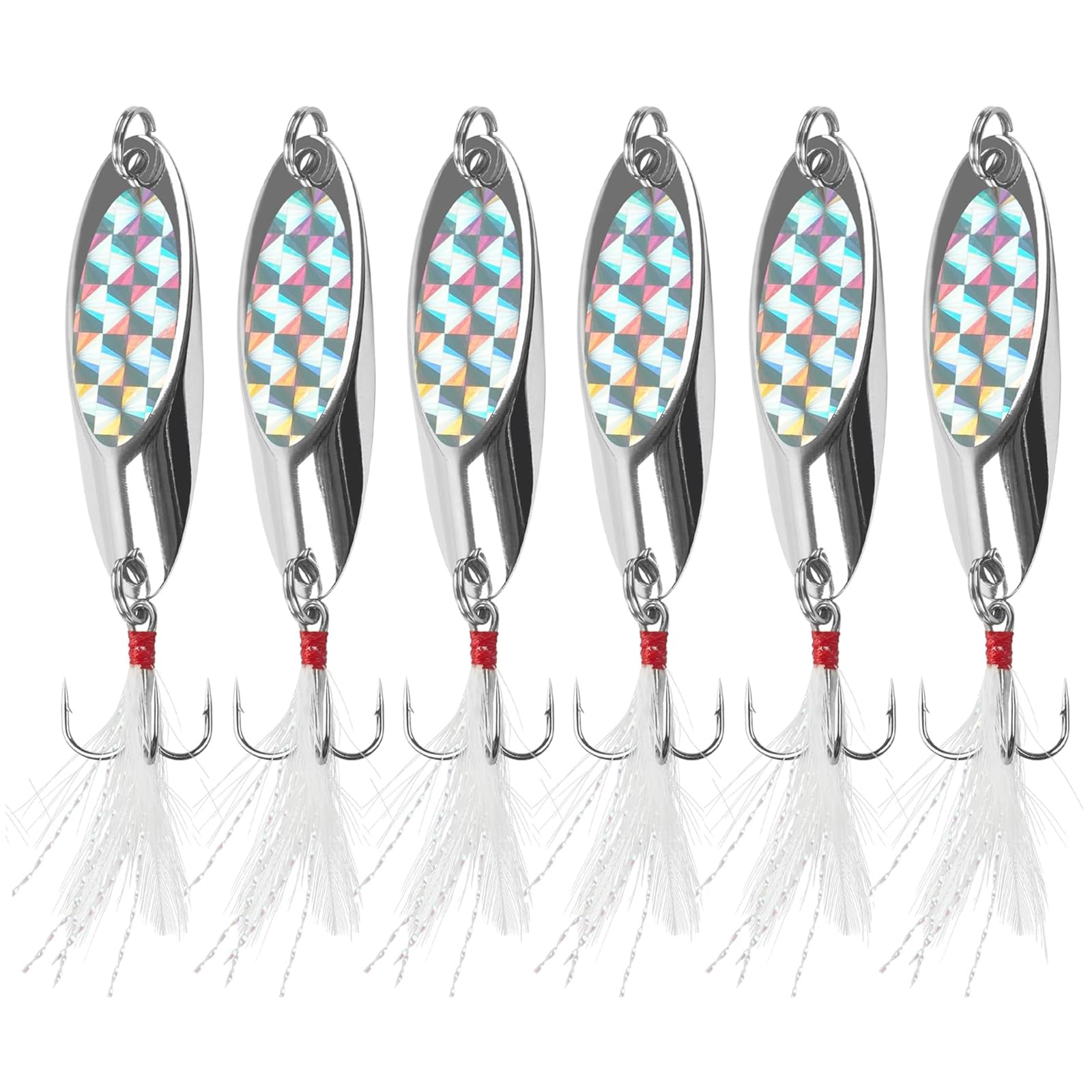 Fishing Spoon Lures, 6pcs Metal Jig Spoon Fishing Lures with Treble Hook Feather Casting Spinners Hard Baits for Bass Salmon Saltwater Freshwater Tackle(14g-6pcs)
