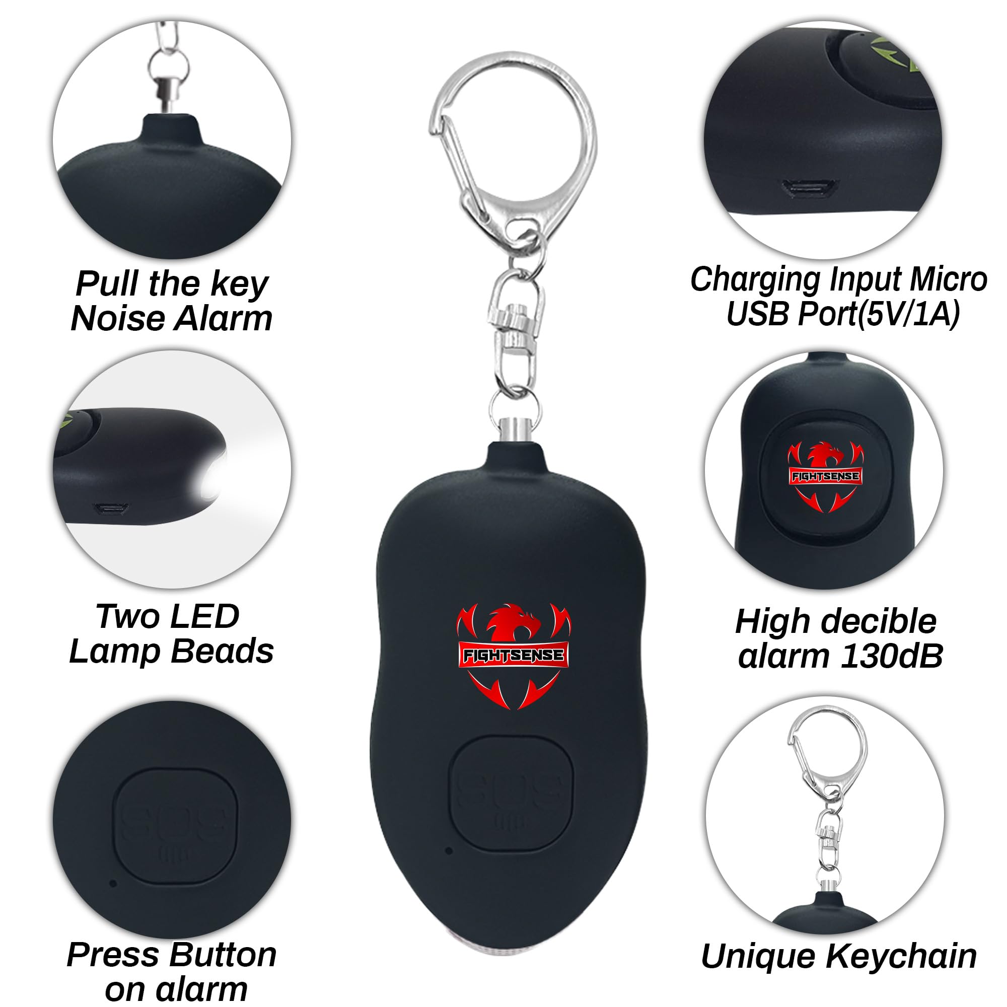 Fightsense Personal Alarm Keychain with Snap Hook, 130dB Siren Safety Alarm for Women LED Light (300m Audible) (Black)