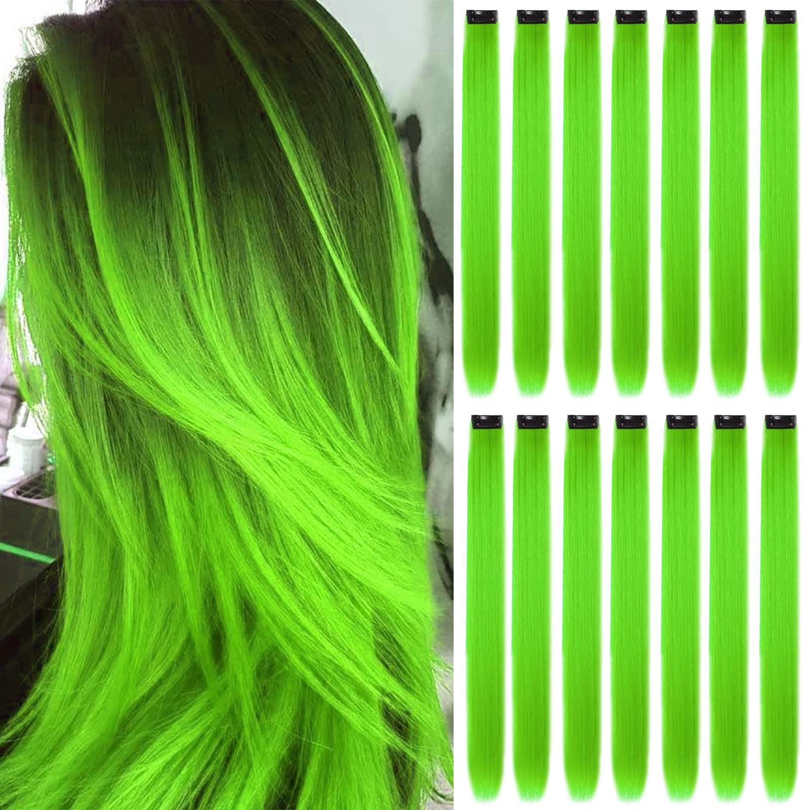 16Pcs Colored Clip in Hair Extensions, 22 Inch Colorful Highlights Hairpieces Straight & Long Heat-Resistant Synthetic Hair Accessories for Kid Girls Women Party Hair Decor (16Pcs-Green)