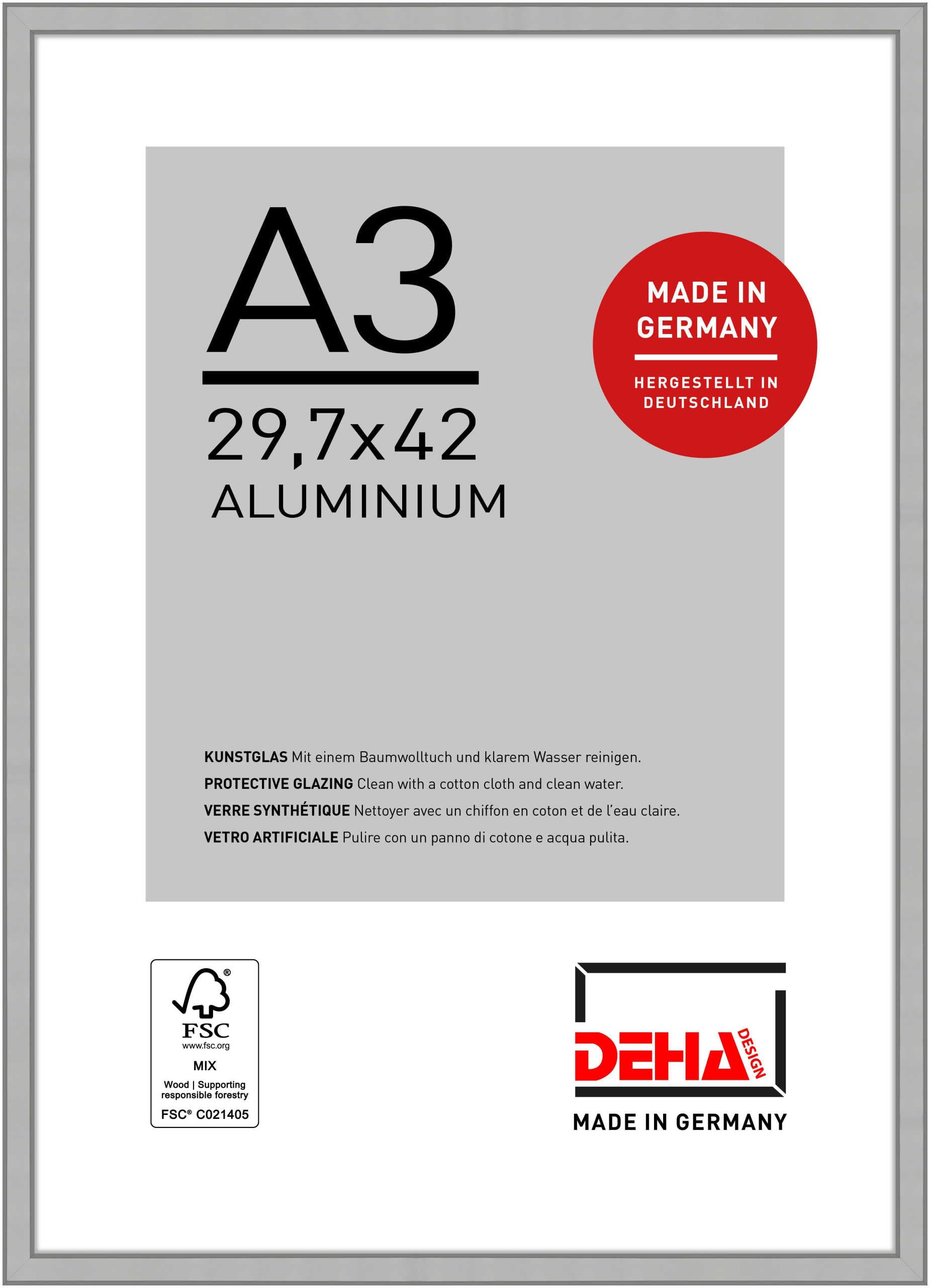 DEHA Design Boston Aluminium Picture Frame - A3 (29.7x42 cm) – Frosted Silver - with Synthetic Glass and Push/Turn Clips