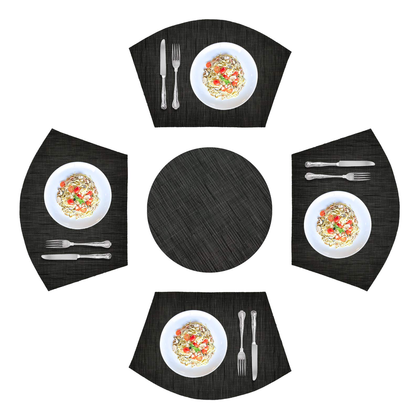 Photo 1 of 5PCS Round Placemats Wedge Place Mats Sets with Centerpiece Round Table Mats, ZOXILEN PVC Polyester Heat Resistant Non-Slip Placemats for Dining Table(Black)