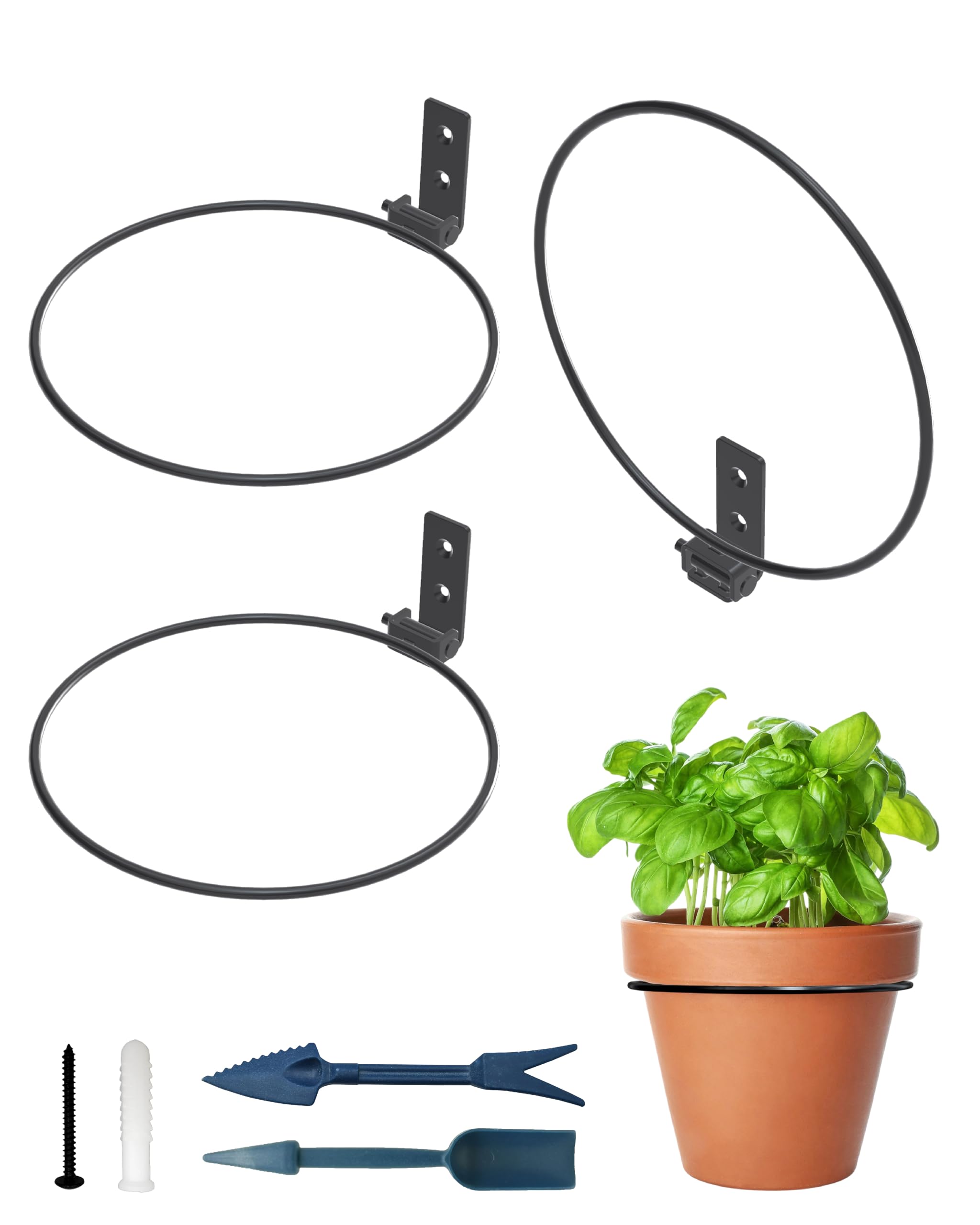 8 Inch Plant Hangers Outdoor and Indoor Ring Holder 3 Pack - Wall Hook Metal Plant Stand Planters - Black Flower Pot Ring Set with Garden Shovel