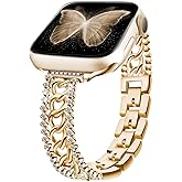 beu1st Bling Chain Bracelet Compatible with Apple Watch Band 41mm 40 mm 38mm, Women Dressy Glitter Diamond Rhinestone Stainless Steel Metal Bands for Iwatch Series 9/8/7/6/5/4/3/2/1/SE Gold