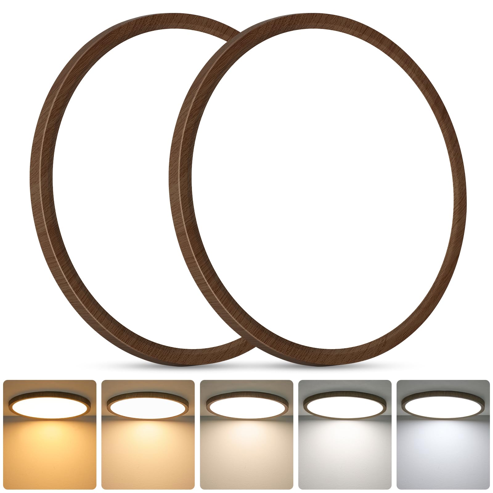 Brightever 2 Pack LED Flush Mount Ceiling Light, 12 Inch 24W, Super Slim 0.67 Inch 3200LM Ceiling Light Fixture Walnut Wood Color, Dimmable & 2700K-6500K 5 Color in One Ceiling Lamp for Farmhouse Image