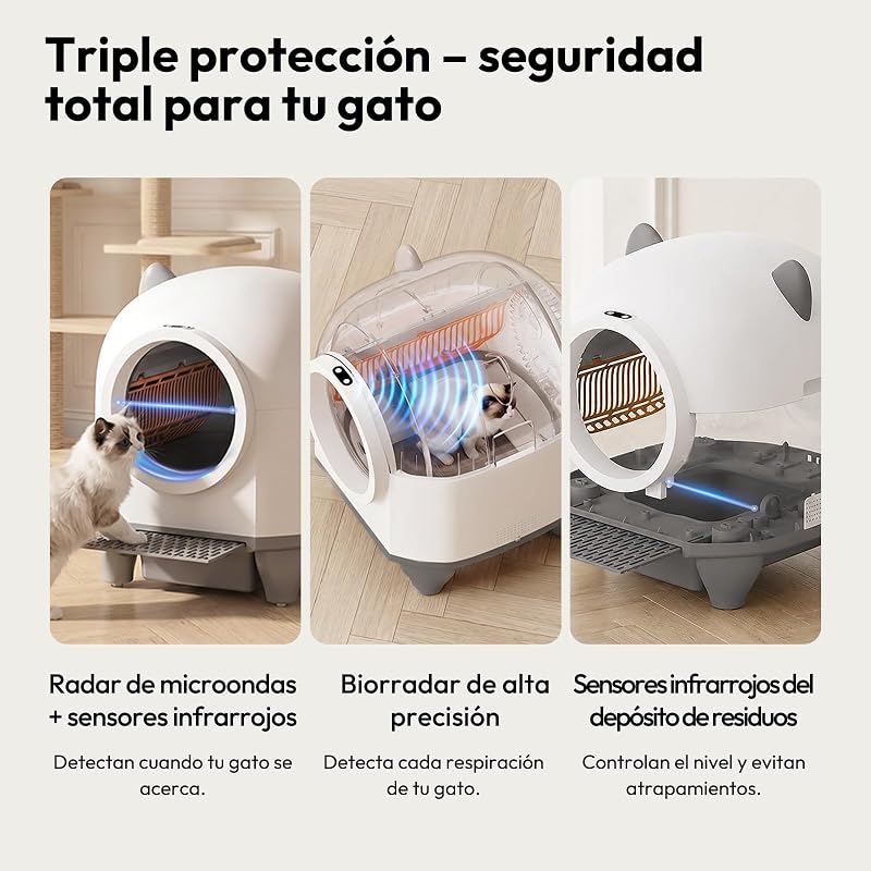 Arenero Gatos Autolimpiable Grande, 90L Gran Capacidad Arenero Automatico Gatos, Equipado con Sistema de 6 Seguridad, Compatible con Control App, Función Mejorada Eliminación Olores