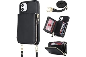 Hamany Crossbody Phone Case for iPhone 11 Case with Strap for Women iPhone 11 Wallet Case with Card Holder Flip Folio Leather Zipper Cover with Credit Holder-Black
