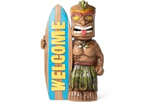 VP Home Welcome Tiki Statue with Surfboard - Solar Powered 14" Tall Tiki Stand with Automatic Switch On Flickering Eyes LED Light - for Outdoor Decoration - Perfect for Beach Resort, Halloween Decor