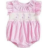 Adobabirl Baby Girl Easter Outfit Bunny Embroidery Smocked Bubble Romper Plaid Short Sleeve Bodysuit Cute Summer Clothes