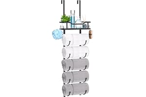 SWTYMIKI Over The Door Towel Rack - 6 Tier Towel Racks for Bathroom Wall Mounted, Towel Holder with Shelf, Hanging Rolled Towel Storage Organizer for Small Bathroom, Camper, RV, Black