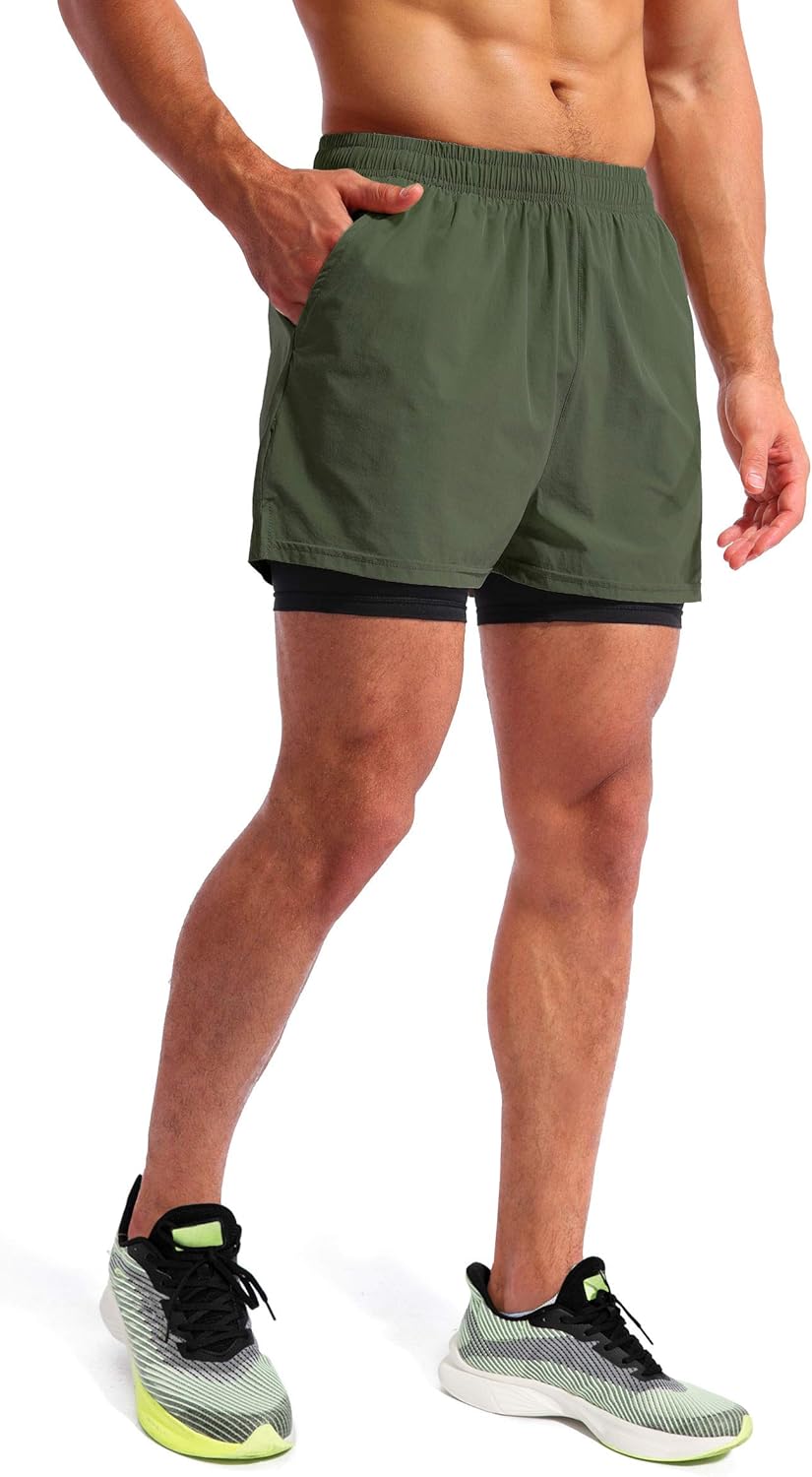 Pudolla Men’s 2 in 1 Running Shorts 5" Quick Dry Gym Athletic Workout Shorts for Men with Phone Pockets: Clothing