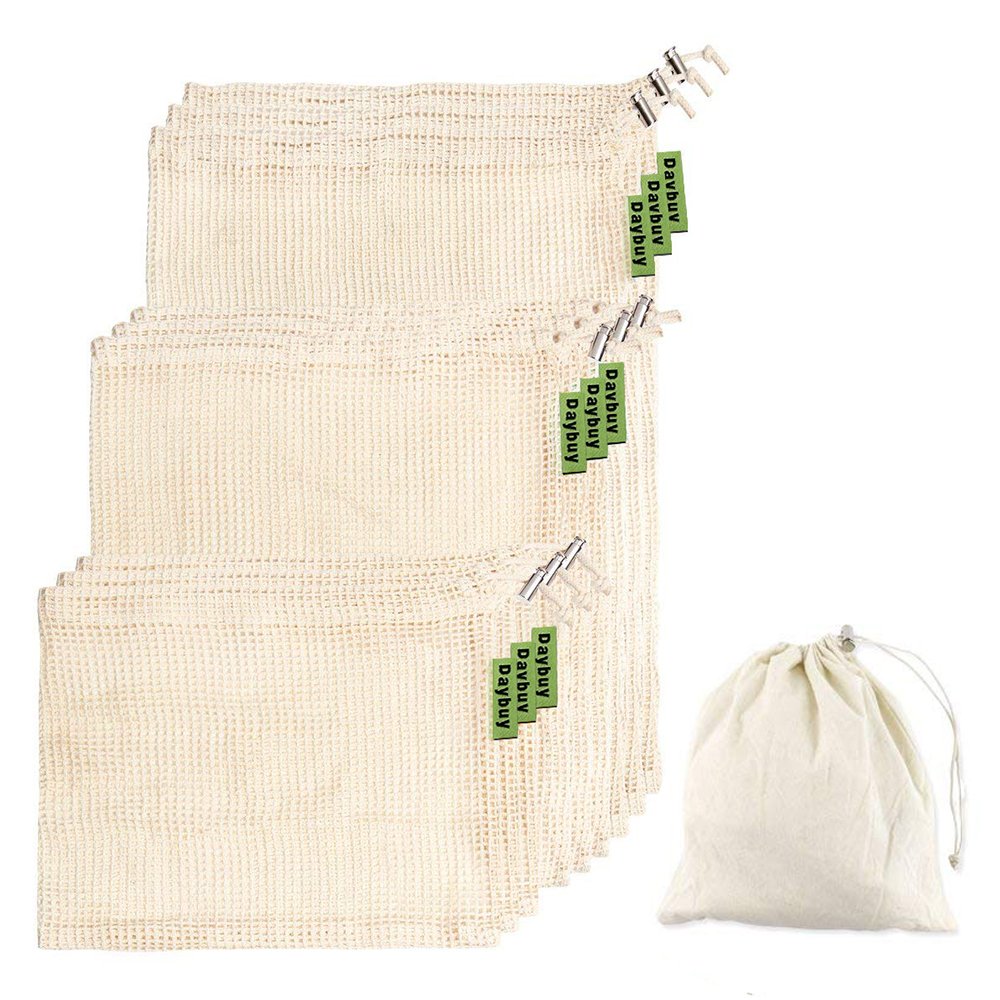Reusable Produce Bags, DayBuy Organic Cotton Grocery Bag[Natural Cotton Mesh is Biodegradable][Zero-Waste] for Grocery Shopping and Storage, Recyclable, Washable - Set of 9 (3 ea. S, M, L)