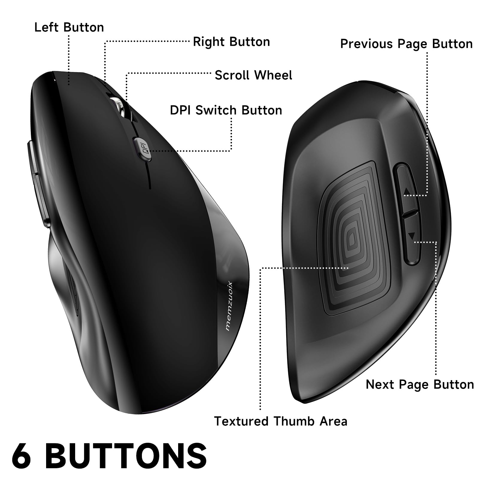 memzuoix Wireless Ergonomic Mouse,Upgraded 2.4G Optical Cordless Mice with 800/1200/1600 DPI,Vertical Computer Wireless Mouse for Laptop,Mac,PC,Desktop (for Right Hand,Large)-Black