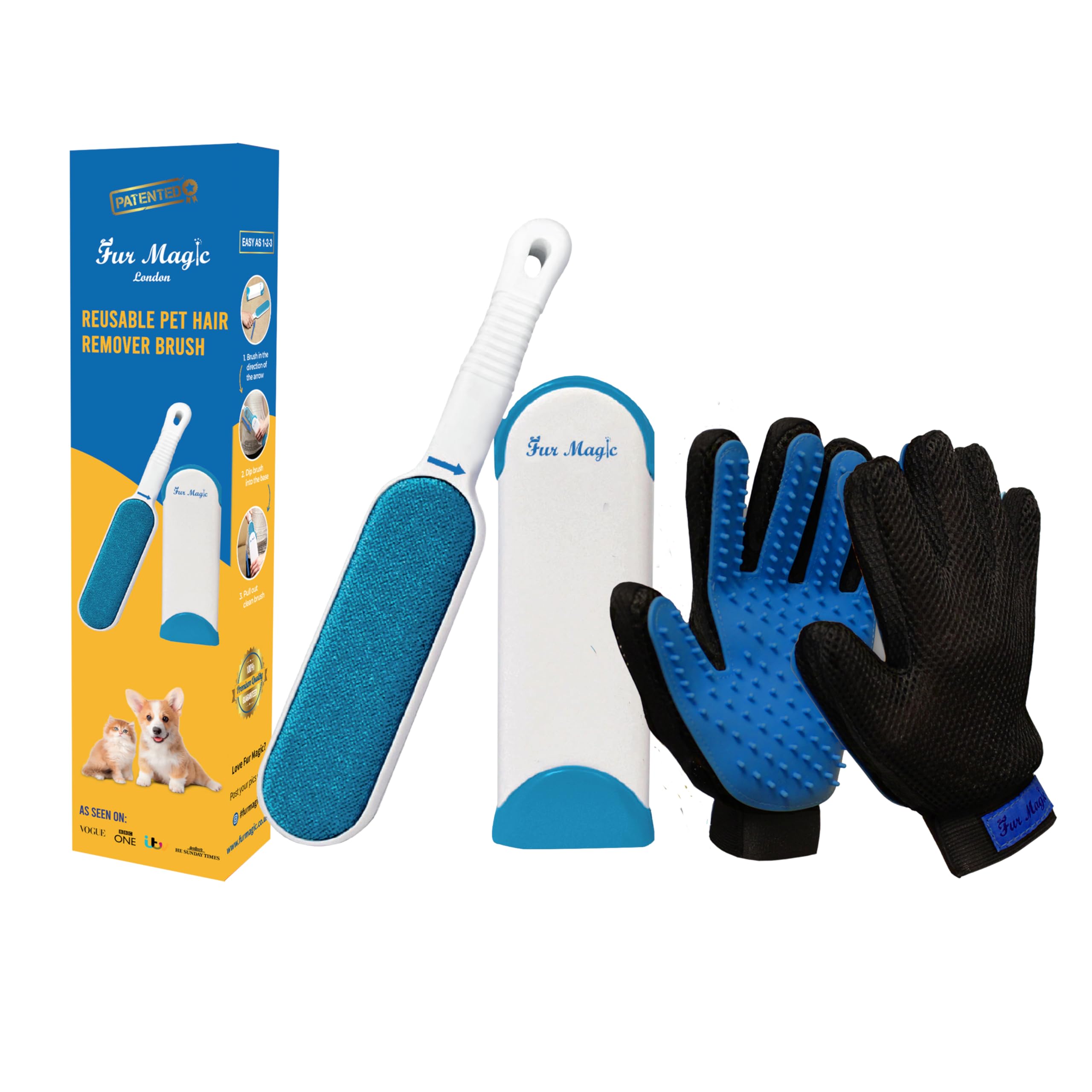 Fur Magic Reusable Pet Fur Remover Brush for Dogs Cats Remove Hair from Furniture Clothes Sofa + Pair of Grooming Gloves