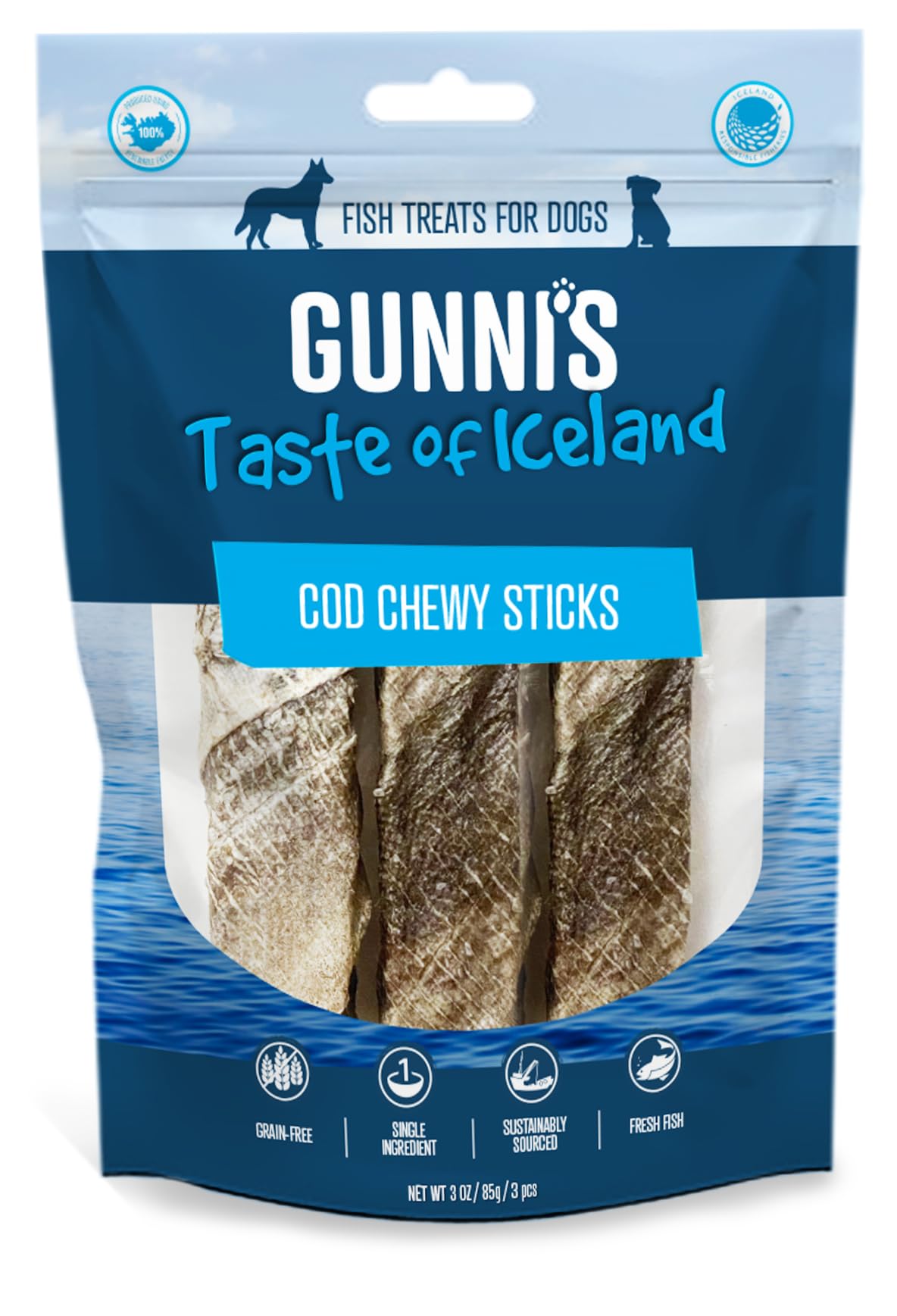 Gunni’s Cod Chewy Sticks | Pure Icelandic Cod Skin chewing sticks for dogs | Traceable | MSC Certified | Sustainable | 100% Natural | Gently dried | 3 sticks