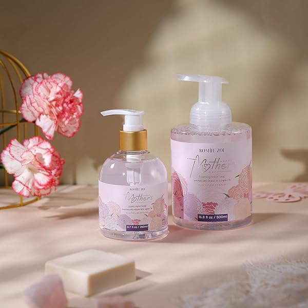 ROMIIE ZOI FOAMING HAND SOAP FOR MOTHER’S DAY GIFT BASKET – CARNATION DESIGN, INFUSED WITH ROSE SCENTED AROMA – 500 ML / 16.8 FL OZ