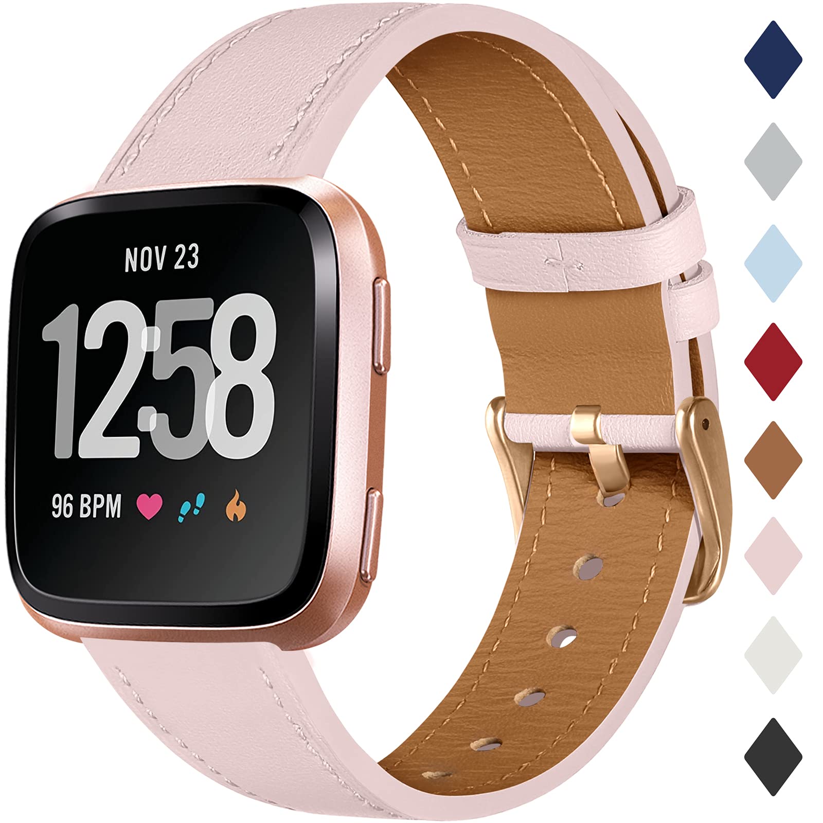 CeMiKa Leather Strap Compatible with Fitbit Versa Band/Fitbit Versa 2 Strap, Classic Leather Replacement Band Compatible with Fitbit Versa/Versa 2/Versa Lite/SE, Pink Sand/Rose Gold