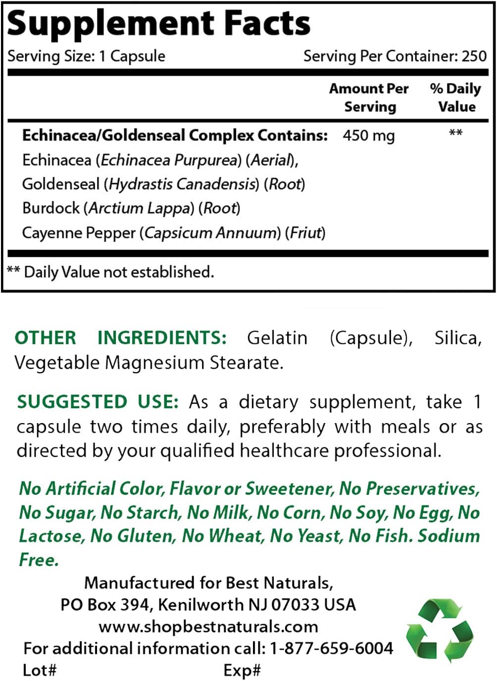 Best Naturals Echinacea Goldenseal 450 mg 250 Caps: Health & Personal Care